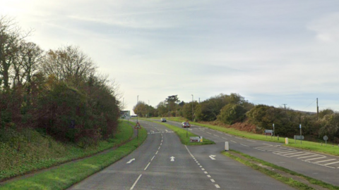 A two-lane B road with directional arrows painted on each lane. The road is bordered by trees and bushes, and a few traffic signs are visible further down. The sky is mostly clear with some light clouds.