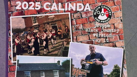 Shot of cover of the 2025 Crooked House calendar, featuring Black Country slang and composite images of the pub, including morris dancers performing outside