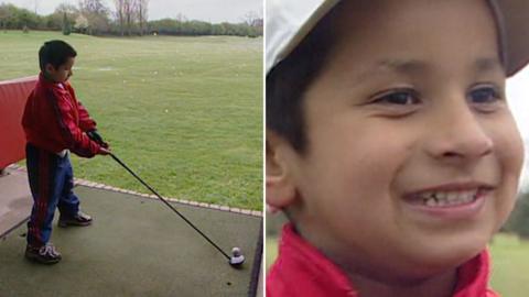 A split image of five year old Aaron Rai playing golf and smiling at the camera