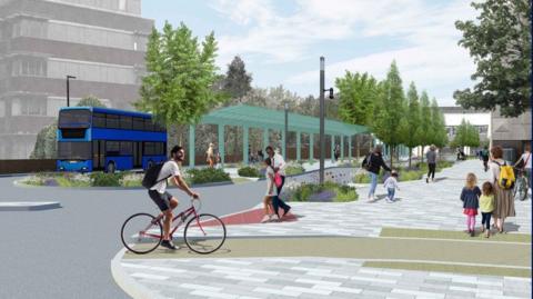 An artist's impression of what Friary Way will look like after being redeveloped, featuring pedestrians and a man wearing shorts and a t-shirt riding a bike. A blue bus is in the background.