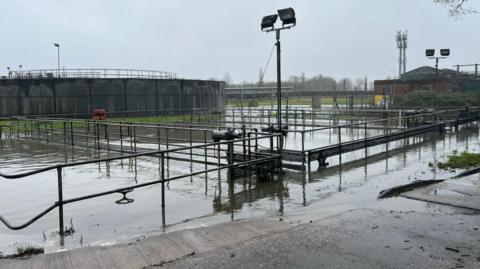 Flooded sewage treatment works in Horley