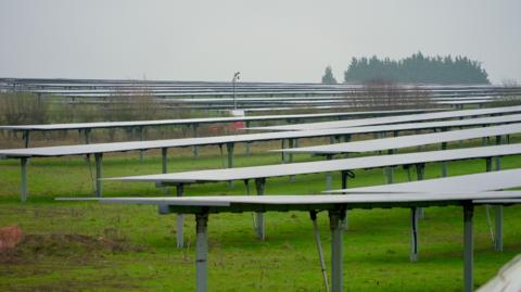 A row of solar panels in a field. It is a grey, overcast day. 