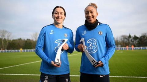 Lucy Bronze (left) and Lauren James (right) hold their Fifpro World XI trophies