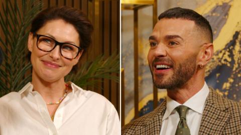 A split image of Emma Willis and Matt Willis in the How to Be in Love studio.