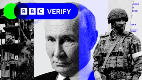 A Russian solider imposed over a damaged building. Separately, Vladimir Putin looks on.