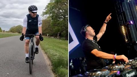 A split image of Pete Tong on a bike and DJing at a festival.
