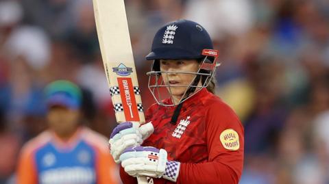 Tammy Beaumont looks focused while batting for England