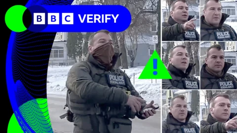 A real screenshot of a masked ICE agent, next to several AI-generated pictures attempting to unmask him and reveal his face