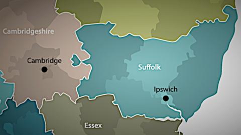A map of Suffolk and surrounding counties.