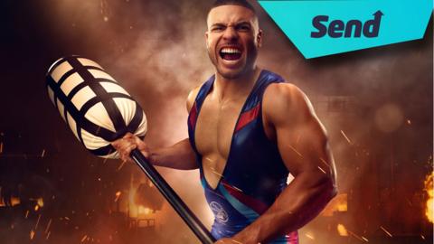 Steel, Gladiators holding a pugil stick from Duel, there's a sign top right that reads: Send.