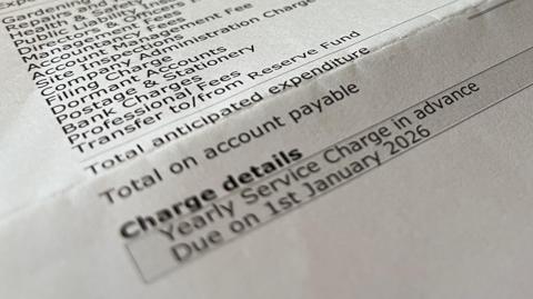 A close up photograph of a bill displaying service charges on a white piece of paper which is itemised showing the costs of various different things.