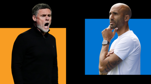 on the left Bradford City manager Graham Alexander is shouting with mouth wide open in front of an amber background. on the right huddersfield town manager lee grant looks thoughtful with his hand to his chin with a blue background