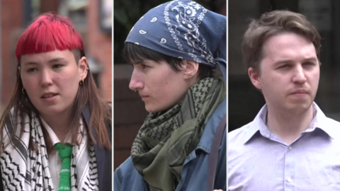 A woman with brown and red hair on the left photo, a woman with black hair and a blue head scarf in the middle and a man wearing a shirt and with brown hair on the right.