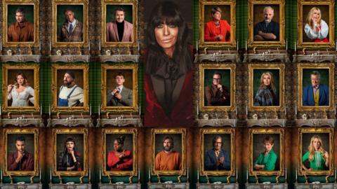 Claudia Winkleman stands by wall of contestant photos in the Celebrity Traitors castle