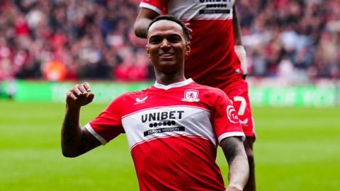 Morgan Whittaker celebrates giving Middlesbrough the lead against Watford