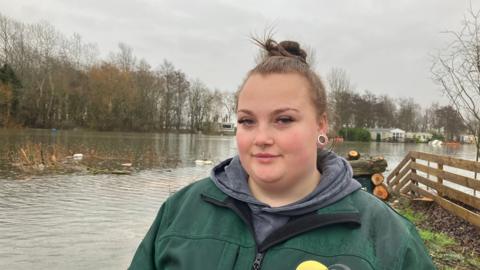 Sarah Jayne Barker, who helps to run Greengrass Park, pictured at the flooded site