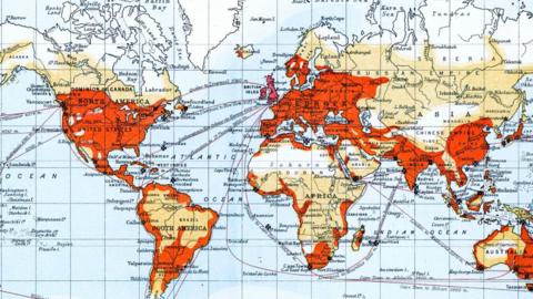 Old chromolithograph map of commercial chart of the World on Mercator's projection