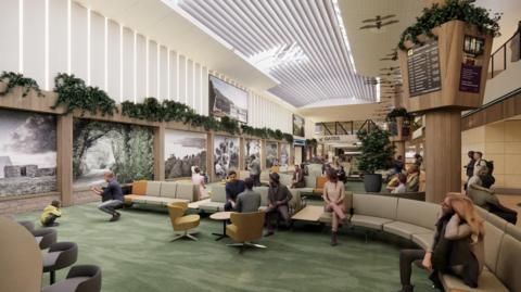 An illustration of the new departure lounge. It has a green carpet and there are people sat on the cream couches.