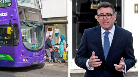 A composite image of a purple bus in Bristol and Andy Burnham outside Downing Street