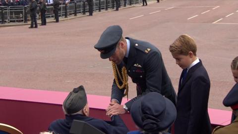 Prince William and Prince George greet a veteran in the audience outside Buckingham Palace