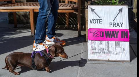 Cù, taobh a-muigh ionad bhòtaidh a tha stèidhichte ann an eaglais