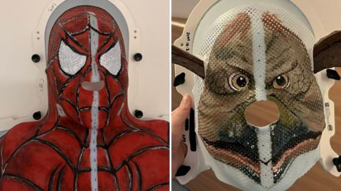 A Spider-Man mask and Salacious B Crumb have been painted on to white radiotherapy masks. The Spider-Man one, which is on the left, is mainly red and has a black spiderweb pattern on it. Salacious B Crumb, which is on the right, is mainly green and has two brown ears.