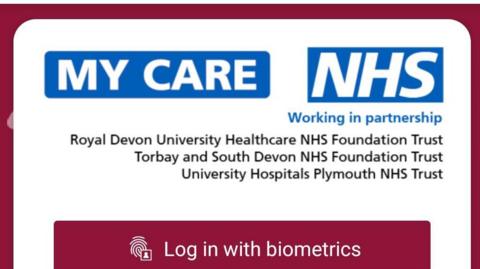 The image shows a screen shot shows the mobile log in page of the new app 'My Care'. It is a red page with white boxes and the blue NHS logo. 