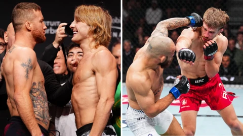 Split image of Justin Gaethje facing off with Paddy Pimblett and Arnold Allen punching Jean Silva