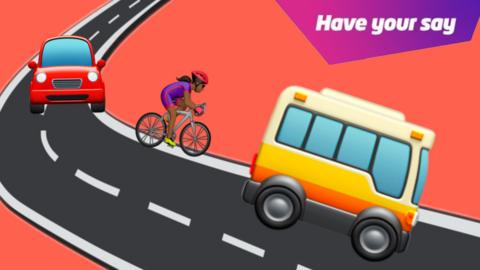 A road with a car, bike and bus on it.