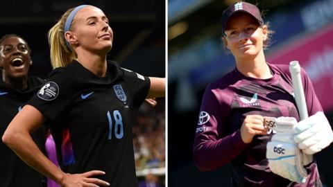 Chloe Kelly, left, celebrates after scoring for the Lionesses, with teammate Michelle Agyemang behind and, right, Danni Wyatt-Hodge dressed in England training kit while holding her cricket bat and gloves