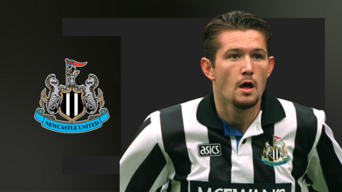 Steve Howey playing for Newcastle and framed in front of a Newcastle crest