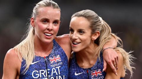 Keely Hodgkinson and Georgia Hunter Bell celebrate their world medals