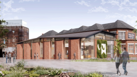 A drawing of a single storey brick building with large windows and a dark tiled roof and people walking on a paved area outside