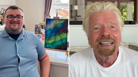 A split side-by-side image showing a man dressed in a blue shirt on the left, smiling at the camera in front of a painting. Richard Branson - an older man with white hair and dark facial hair sits on a sofa on the right side of the image.