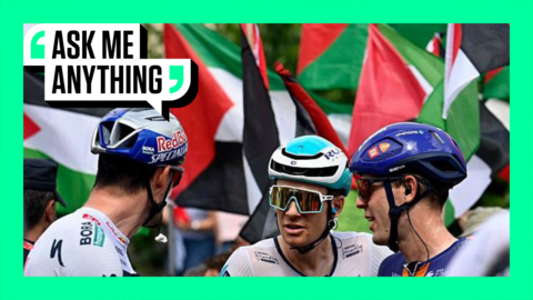 Riders prepare to compete at the Vuelta a Espana as pro-Palestine protests go on in the background