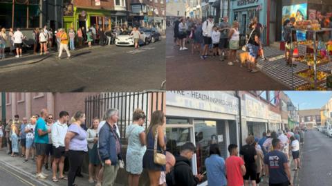 Images of different people queuing with different colour clothes on 