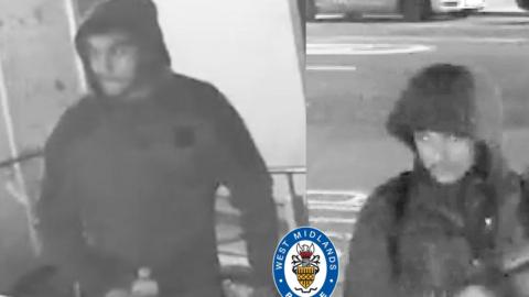 CCTV footage shows two men wearing black coats with their hoods up, standing on a street.