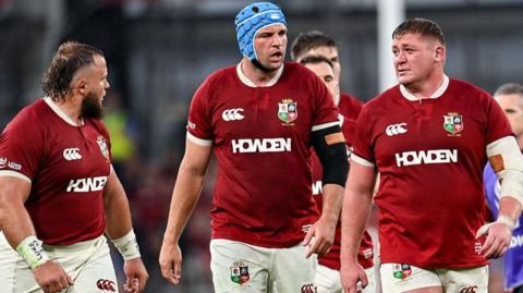 British and Irish Lions players (from left) Pierre Schoeman, Tadhg Beirne and Tadhg Furlong