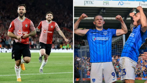 Adam Armstrong and Ryan Manning celebrate for Southampton (left) Colby Bishop and Josh Murphy celebrate for Portsmouth (right) 