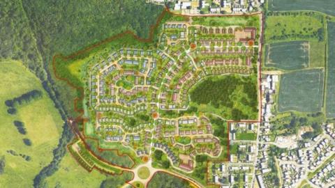 A drawn aerial view over a small neighbourhood.