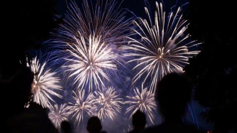 Photo taken of people watching firework display. Image has been taken behind the people with the lens aimed at the display so only the silhouettes of the spectators can be seen. There are several fireworks in the sky with a warm orange colour.