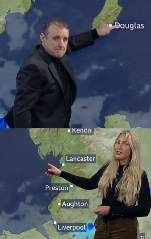 A split screen of both comedian Peter Kay and BBC weather presenter Molly Brewer against the weather forecast green screen.