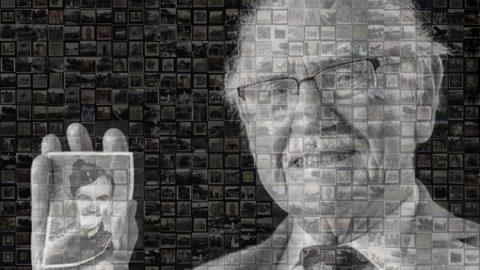 A black and white artwork made up of smaller photographs. It depicts an elderly man with glasses and white hair and moustache holding up a picture of his younger self wearing a military uniform