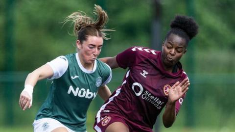 Hibernian's Kathleen McGovern and Hearts' Danique Ypema 