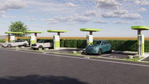An artist's impression of three cars in electric vehicle charging bays.