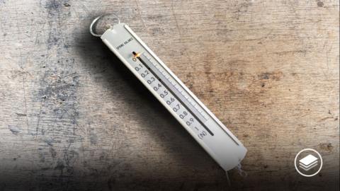 A photograph of a silver spring scale marked in Newton units placed on the table.