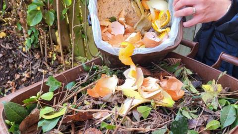 Someone scrapes some food waste into a wheelie bin full of garden waste.