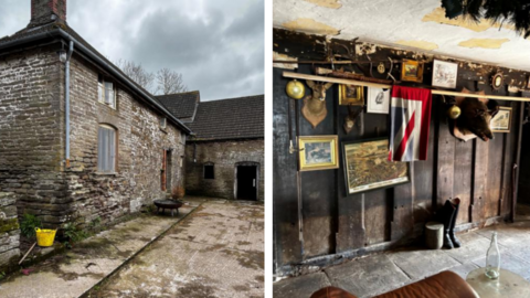 Composite image showing, on the left, a stone-built farmhouse on a concrete yard, with some shuttered windows. On the right, an interior shot shows a wood-panelled room with an array of paintings and animal heads on the wall, and a folded union jack over a pole.