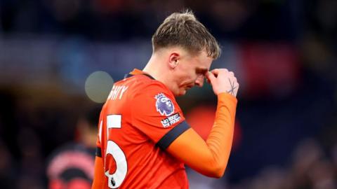 Alfie Doughty of Luton Town reacts during the Premier League match between Luton Town and Sheffield United