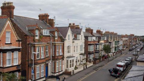 An aerial view of Marshall Street in Bridlington, a terraced street with large three-storey houses. 